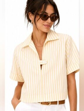 Banana Republic XS Yellow White Stripe Cotton Poplin boxy Cropped Shirt Coastal